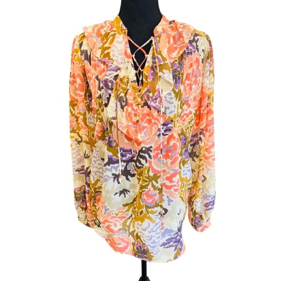 Lauren Ralph Lauren Floral Print Blouse Ruffle Lace-Up M Romantic Boho Cottage - Picture 1 of 11